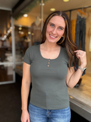 Olive Button Henley Tee