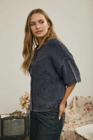 Navy & Simple Button Knit